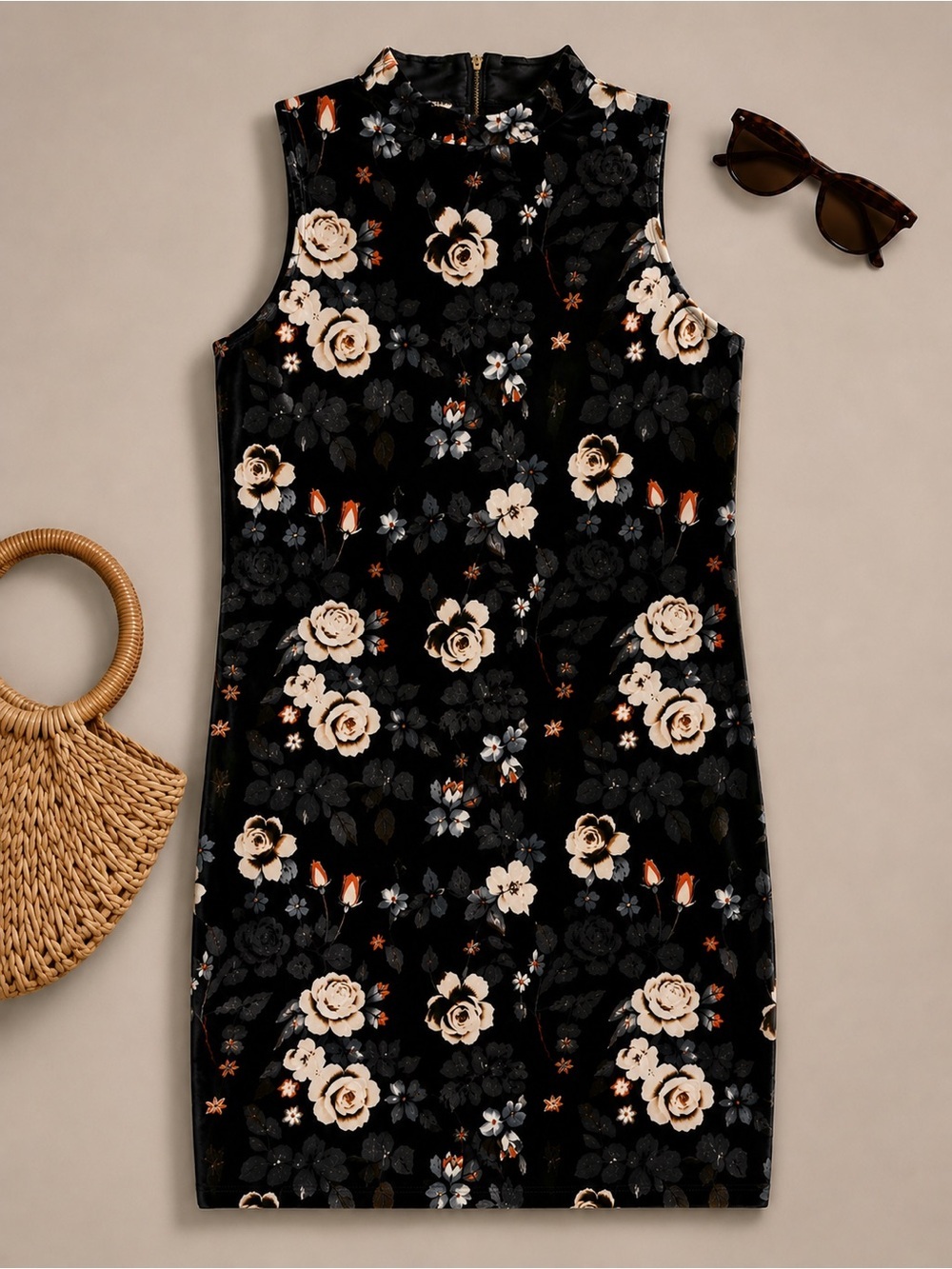 Floral Mock Neck Bodycon Midi Dress | Black Stretch Sheath | Size Large